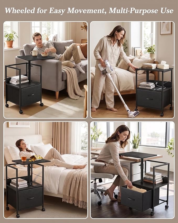Faesun Swivel Lift Top Nightstand with Charging Station, Rolling Side Table for Recliner, Bedside Table with Wheels & a Fabric Drawer, for Small Spaces, for Bedroom, Living Room, Black