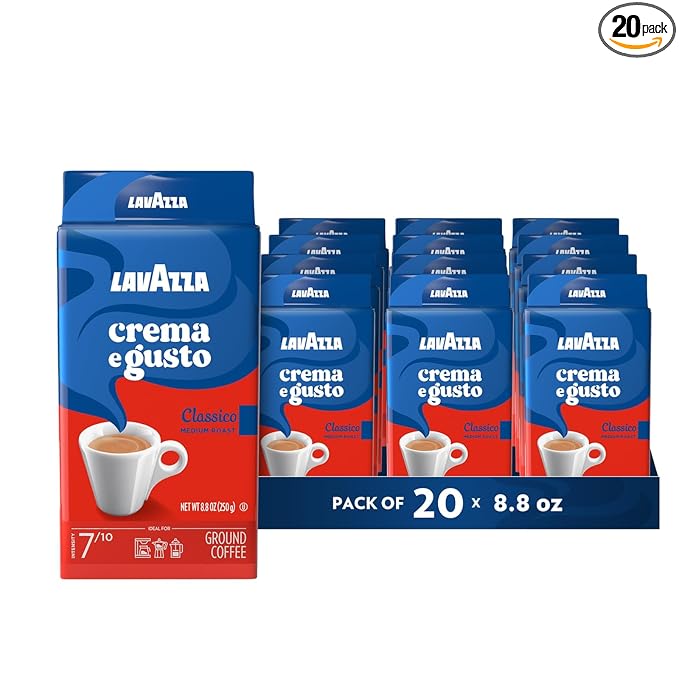 Lavazza Crema e Gusto Ground Coffee, Medium Roast, Arabica and Robusta Blend, 8.8 oz Brick (Pack of 20)