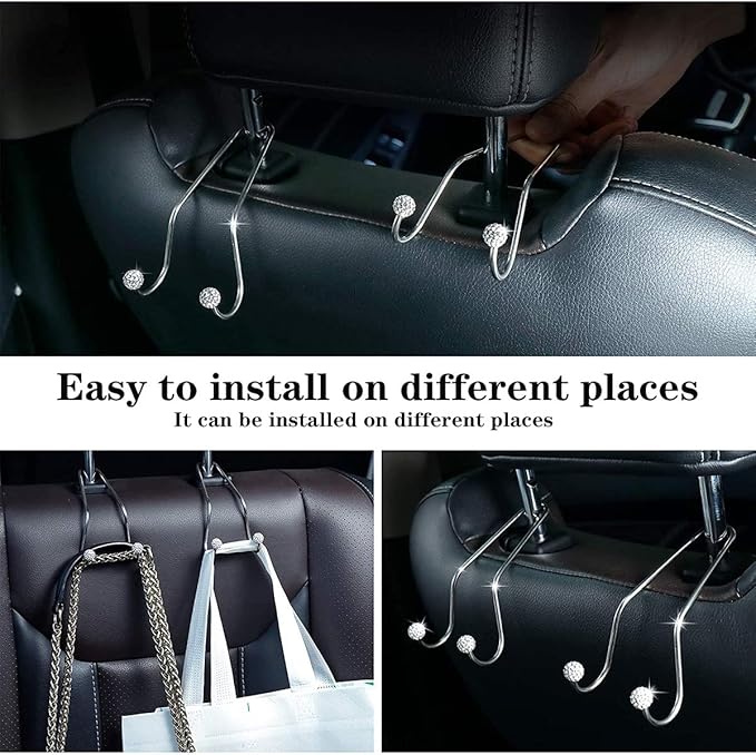 Bling Car Seat Hooks, Rhinestone Universal Organizer Hooks Car Headrest Hangers Hooks, Bag Organizers Rack and Hanger, Strong and Durable Auto Backseat Storage Hooks (A-White)