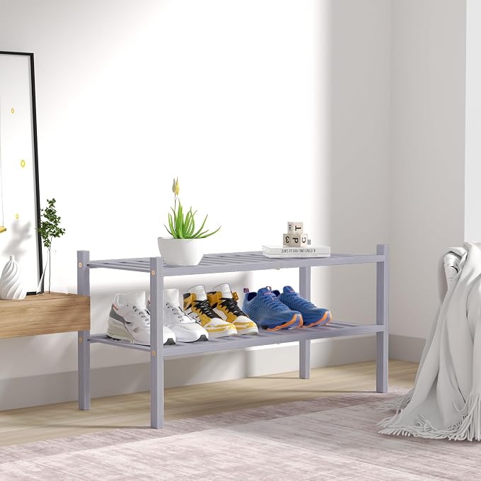 ROMGUAR CRAFT 2 Tier Bamboo Shoe Rack for Closet Free Standing Wood Shoe Shelf for Entryway Small Space Stackable 27"x11"x13" (Grey)