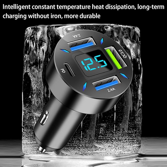 4 Ports USB Car Charger, 66W Super Fast Charging with QC 3.0, PD 20W and USB 2.4A Charger Adapter, Quick Charge with LED Voltmeter, Auto Cigarette Lighter Plug (PD20W+QC3.0+2.4A, 2PCS)