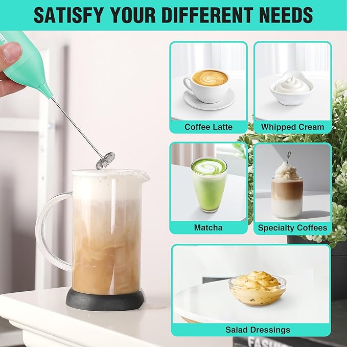 HAUSHOF Powerful Rechargeable Milk Frother Wand with Stand, Handheld Electric Foam Maker, Drink Mixer with Detachable Stainless Steel Whisk for Coffee Latte, Cappuccino, Matcha, Green