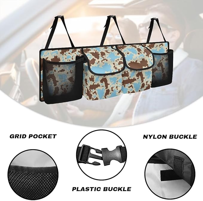 SEANATIVE Blue Brown Cow Car Trunk Organizer, Backseat Hanging Organizer with 4 Pockets, Waterproof Collapsible Cargo Storage Bag, Car Interior Accessories Car Seat Organizer for SUV, Truck, MPV