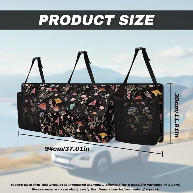 Mushroom Trunk Organizer for Car Women Oxford Cloth Back Seat Car Organizer Adjustable Car Back Seat Organizer with 4 Pockets, Space-Saving Car Organizers Storage Bag for SUV/MPV/Truck