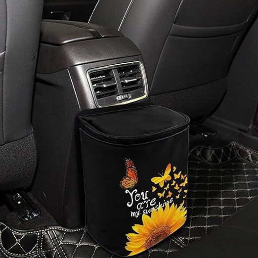 Sunflower Butterfly Print Car Trash Can with Lid, Auto Garbage Bin Leak-Proof Automotive Garbage Can Multipurpose Foldable Organizer Hanging Bag for Automotive SUV Trunk
