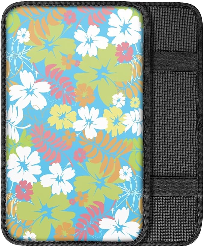 Hibiscus Flower Car Center Console Armrest Pad for Women Girls Breathable Soft Car Center Console Cover Seat Box Cover for Sedan, Van, SUV, Truck, Floral Cars Accessories