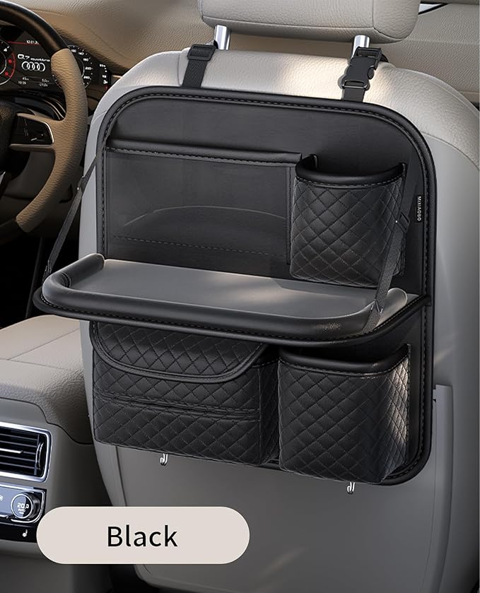 Car Seat Organizer, Backseat Car Organizer with Foldable Table Tray & Cup Holder - Leather Car Backseat Organizer for Kids, Women, Road Trip Essentials for SUVs, Trucks and Cars (Black)