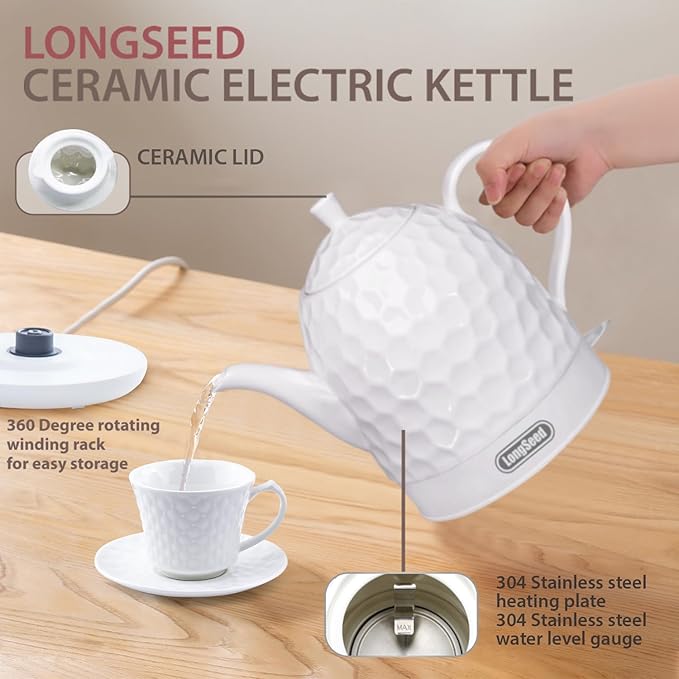 Ceramic Electric Kettle 1 Quarts, 1000W Hot Water Boiler, Automatic Shut-off, BPA-Free, Teapot Rapid Boil For Coffee & Tea, Boil-Dry Protection, White Gooseneck