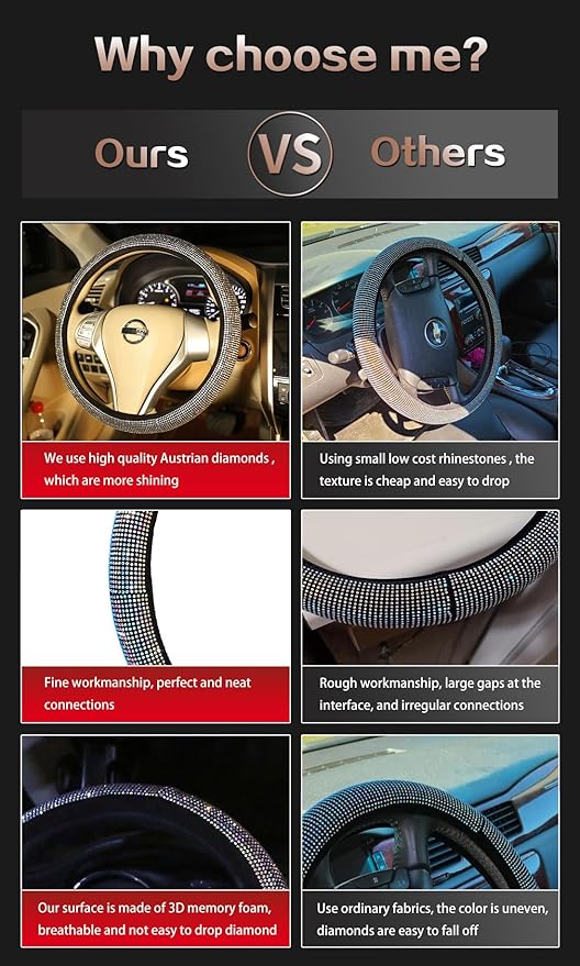 Bling Bling Women Steering Wheel Cover for car, 15 Inch Universal White Crystal Rhinestone Diamond Bling Accessories Anti-Slip Wheel Protector
