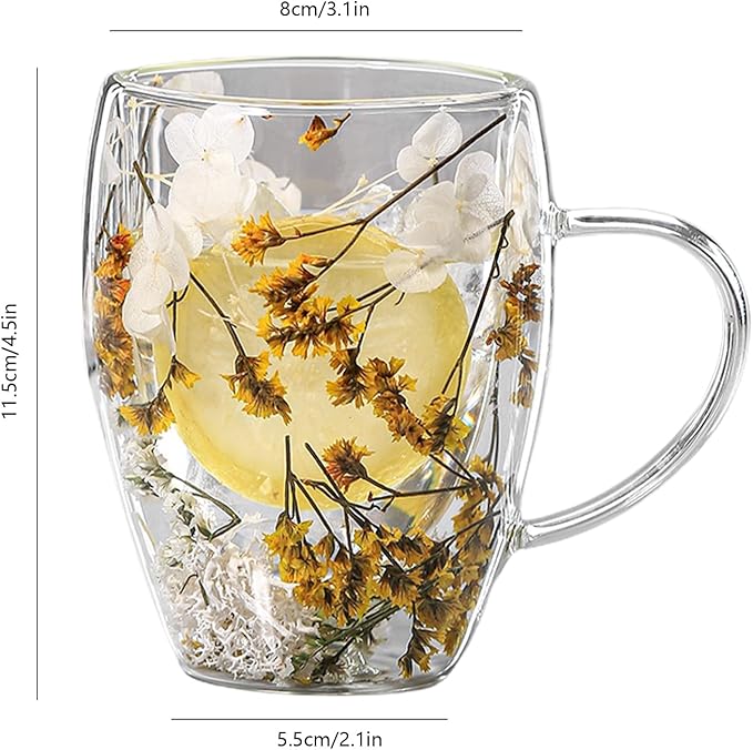 Flower Glass Double Wall Glass - 350ml Aesthetic Dried Flowers Double Wall Glass Coffee Mugs | Clear Glass Cups With Handle,Anti-Scalding Coffee Cups For Hot Beverages,Tea Or Coffee