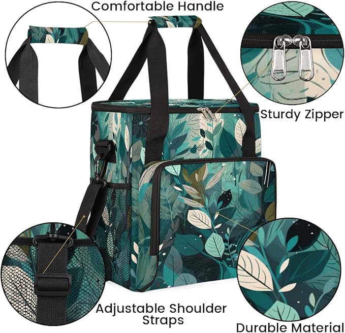 Turquoise Teal Leaves Coffee Maker Carring Bag Travel Carrying Storage Tote Bag Compatible with Keurig K-Mini or K-Mini Plus Portable Single Serve Coffee Brewer Case with Pockets for K-cup Pad