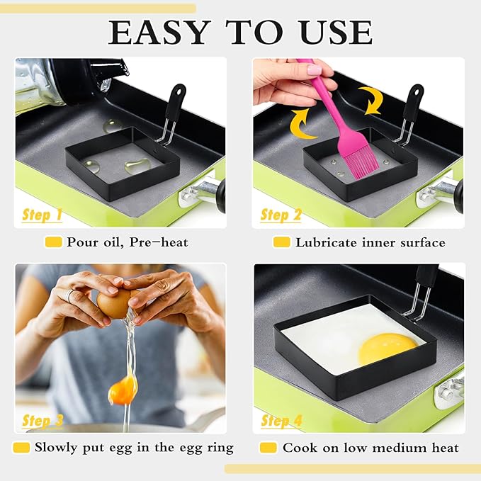 4'' Square Egg Rings with Silicone Handle, Stainless Steel Egg Cooking Rings，Nonstick，For Frying Eggs and English Muffins Pancake, Egg Mold Shaper For Breakfast