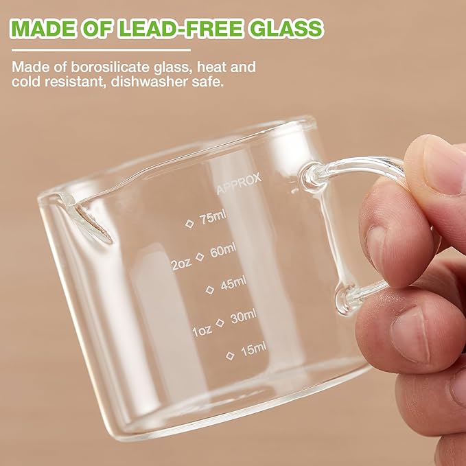 Mfacoy 2 Pack Measuring Cups, 75ML Espresso Cups with Handle, Espresso Shot Glasses with V-Shaped Mouth, Clear Accessories, Milk Frothing Pitcher | with Handle, with V-Shaped Mouth, Accessories