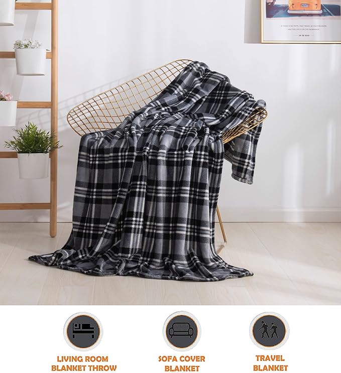 Elegant Comfort Luxury Velvet Super Soft Christmas Prints Fleece Blanket-Holiday Theme Home Décor Fuzzy Warm and Cozy Throws for Winter Bedding, Couch and Gift, 50 x 60 inch, Gray Plaid Throw