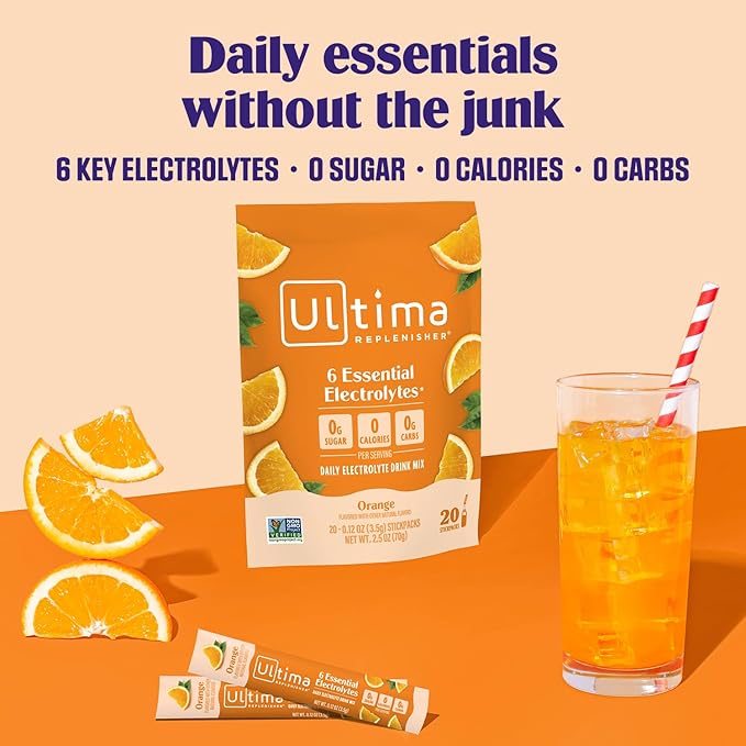 Ultima Replenisher Daily Electrolyte Powder – Orange, 20 Stickpacks – Zero Sugar Hydration Packets with 6 Electrolytes and Minerals – Sugar Free, Plant Based & Keto Friendly Drink Mix