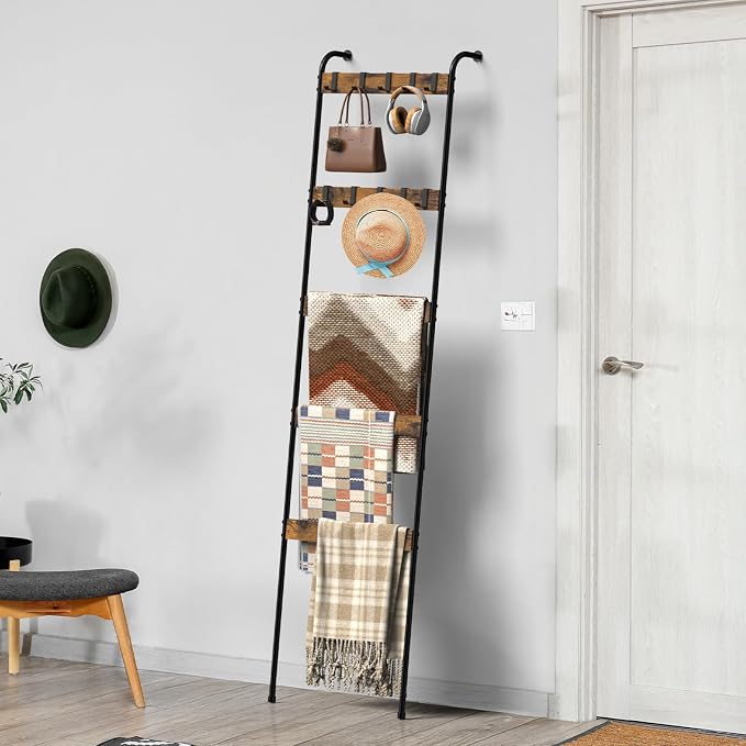 Blanket Ladders for the Living Room 5 Tier Towel Ladder for Bathroom with 10 Removable Hooks Wall Leaning Quilt Rack for Bedroom Display Rustic Farmhouse Home Decor, Rustic Brown