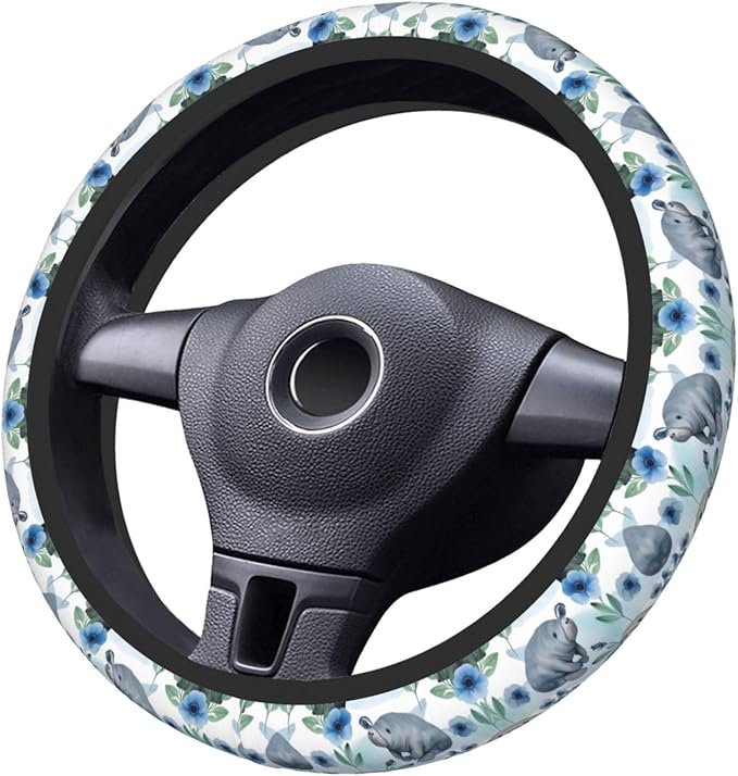 Neoprene Steering Wheel Cover Manatees-Florals Pattern Car Steering Wheel Cover Universal Fit for Most Cars