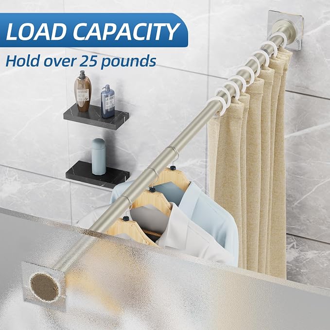 CorkLatta Nickel Shower Curtain Rod,1 Inch Diameter Stainless Steel Adjustable Spring Tension Rods 32 to 80",with Holders,Anti-Slip,Curtain Rods No Drilling(1 Pack)