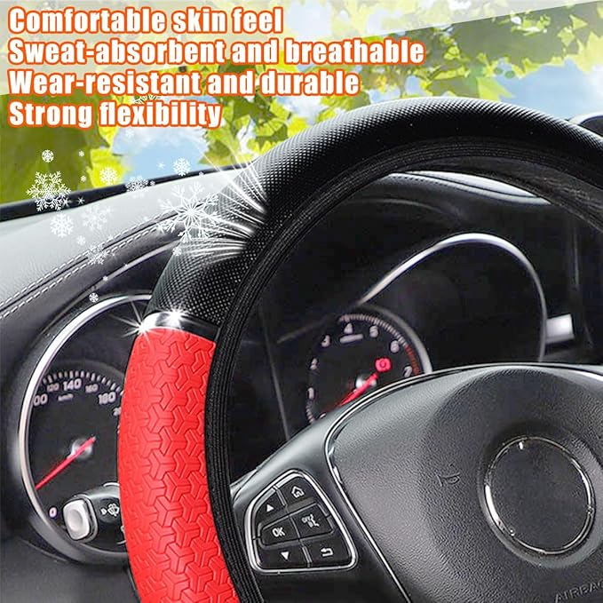 Car Steering Wheel Cover, PU Leather Elastic Vehicle Steering Wheel Protector, 14.5-15 Inches Non Slip Automotive Interior Steering Wheel Accessories, Universal Fit (Red)
