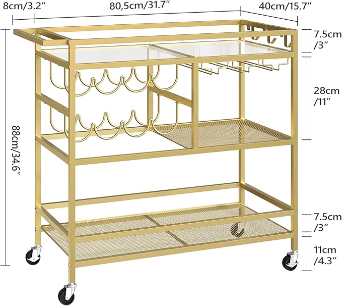 Bar Cart for Home, 3-Tier Serving Cart with Wheels and Handle, Beverage Cart with Wine Rack and Glass Holders, Rolling Wine Cart for Kitchen, Dining Room, Gold RCGD81B01