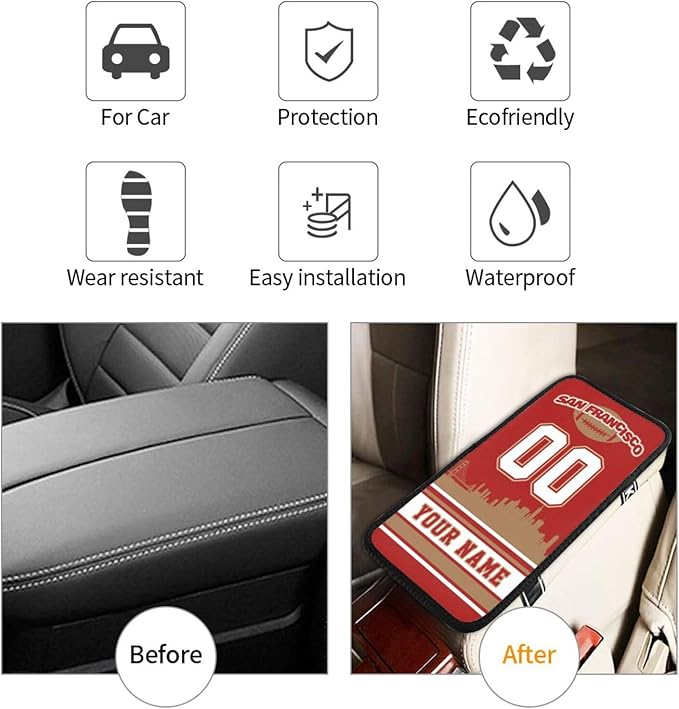 Custom San Francisco Car Armrest Covers Personalized Football Style with Name Number Customized Auto Center Console Pad Car Handrail Box Cushion for Most Vehicle Decor Accessories, Fans Gift