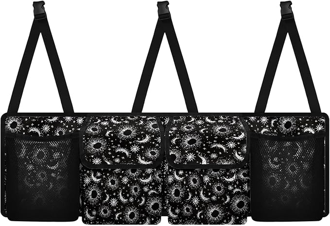 CLOHOMIN Sun and Moon Car Storage Organizer Car Trunk Mesh Storage Bag Black Backseat Hanging Organizer Large Capacity Trunk Organizer for SUV Car Accessories with 4 Pockets