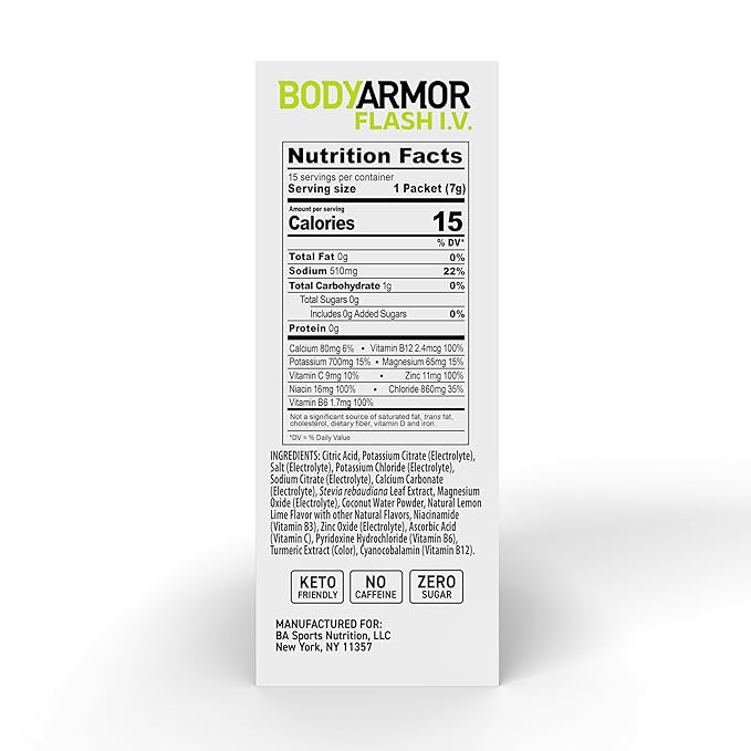 BODYARMOR Flash IV Electrolyte Packets, Lemon Lime - Zero Sugar Drink Mix, Single Serve Packs, Coconut Water Powder (15 Count)