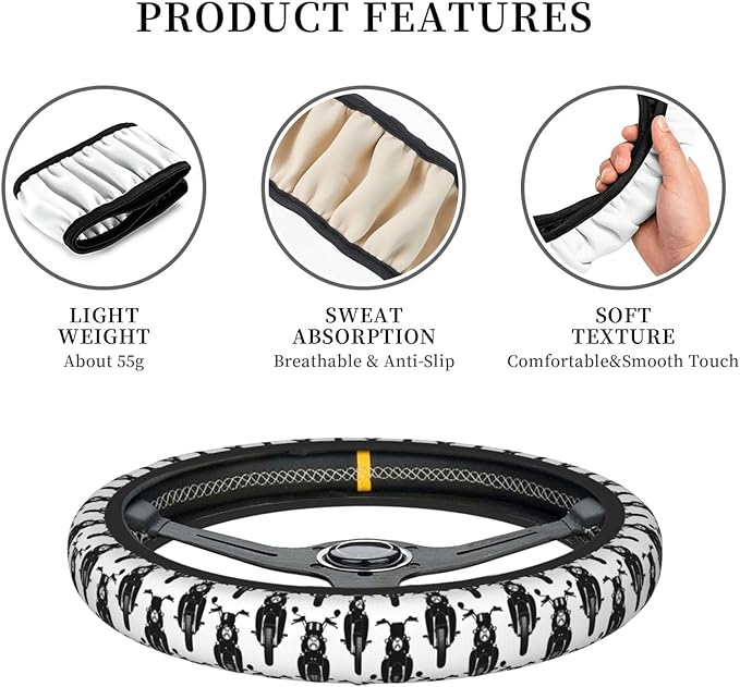 Antique Motorcycle Pattern Universal Fit Steering Wheel Cover for Car, Truck, and SUV, Durable Steering Wheel Protection
