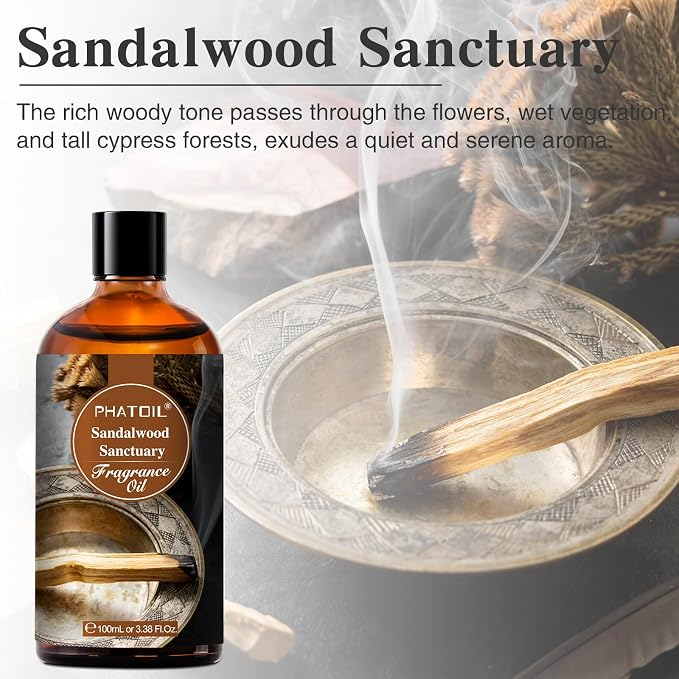 PHATOIL 3.38FL.OZ Sandalwood Sanctuary Fragrance Oils for Aromatherapy, Essential Oils for Diffusers for Home, Perfect for Diffuser, Yoga, Skin Care, DIY Candle and Soap Making - 100ml