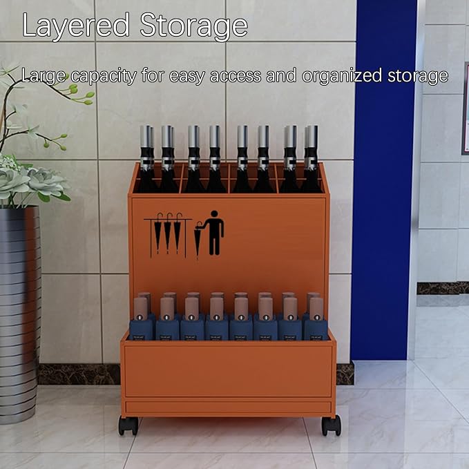 SEIFE Movable Commercial Metal Large Capacity Umbrella Holder With removable drain tray,Can hold 30 umbrellas，Indoor Entryway Umbrella stand，For Hotel,Offices,home(Orange)