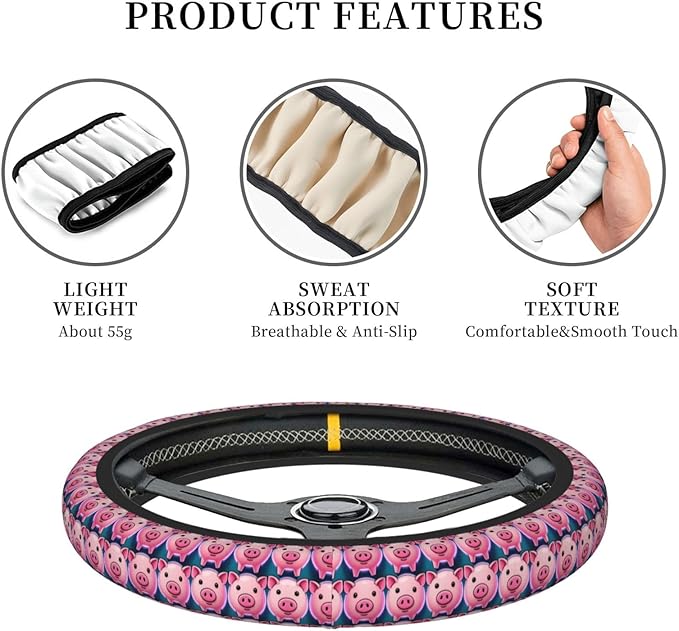 Pigs Faces Pattern Neoprene Steering Wheel Covers Women Men Car Accessories, Universal 15 Inch Fit Auto, Suvs, Truck