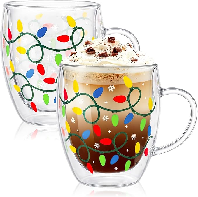 JarThenaAMCS Christmas Double Wall Glass Coffee Mugs 12Oz Colorful Xmas Light Bulb Insulated Glasses Clear Espresso Cups with Handle for Winter Holiday Supplies, Set of 2