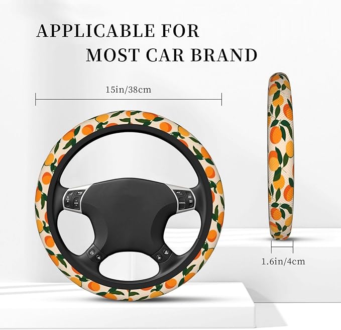 Oranges Green Leaves Steering Wheel Cover for Women Men Girls, Car Accessories Decor Thickened Anti-Slip Auto Steering Wheel Covers Protector Universal Fit 15 Inch for Cars, Truck, SUV