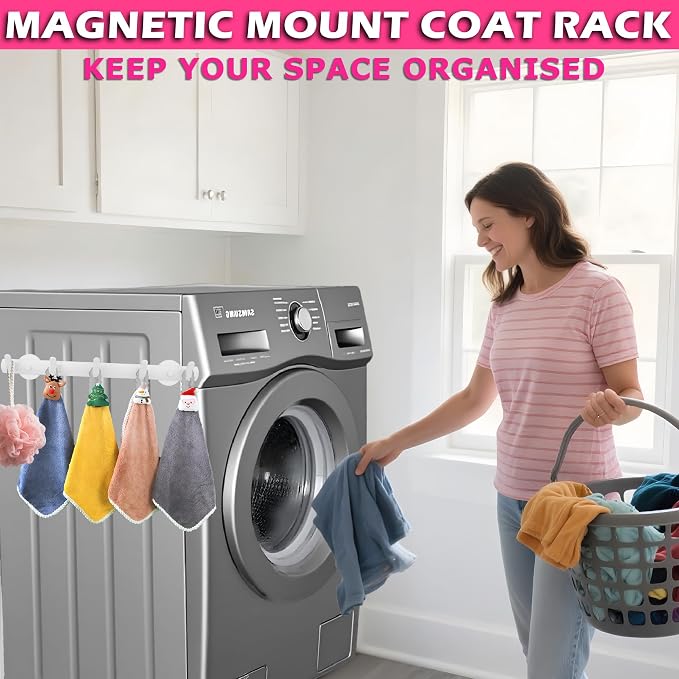 ULIBERMAGNET White Magnetic Coat Rack,Heavy Duty Coat Magnetic Holder with 5 Hooks,Anti-Slip Strong Magnetic Hanger for Refrigerator,Metal Cabinet,Entryway,Hanging Coat, Jackets, Umbrella,Scarf,Bag