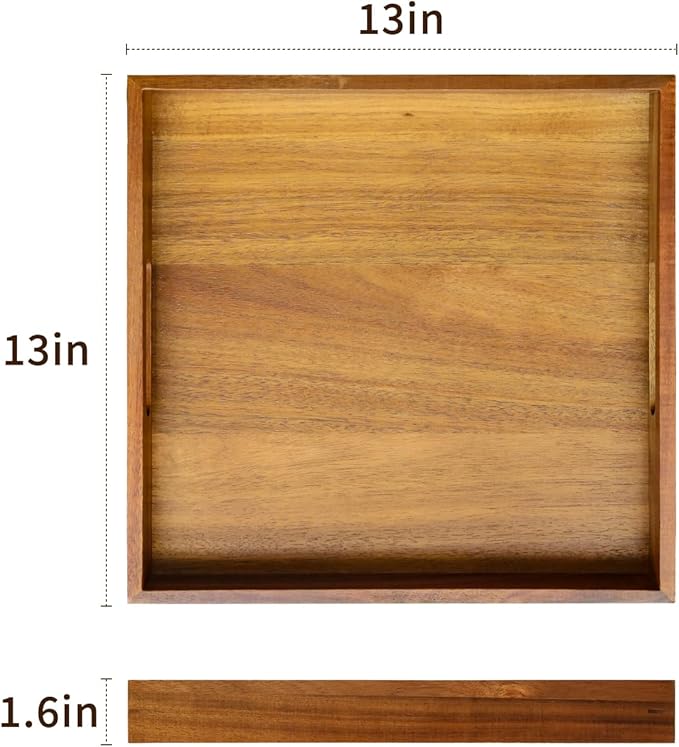 13 inch Acacia Wood Square Serving Tray, Decorative Platter with Handles, for Breakfast in Bed, Coffee Table, Appetizers, Snacks or Home Decor