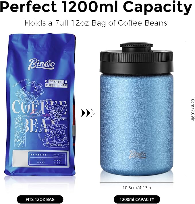 Bincoo Coffee Canister, Large Stainless Steel Coffee Bean Storage Container with Date Tracker, One-Touch Vacuum Seal Coffee Canister, Airtight Food Storage Container Freshness Kit for Coffee Beans