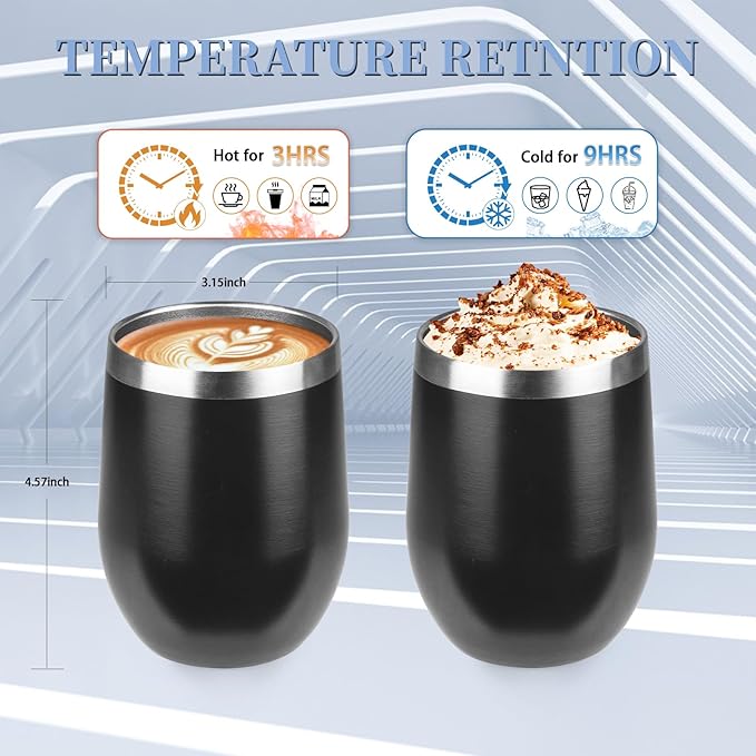 12oz/4 Pack Wine Tumbler with lid, Stainless Steel Travel Mugs Stemless Double Wall Insulated Coffee Cup, Insulated Wine Glasses Travel Tumbler for Cold & Hot Drinks(Black,4)
