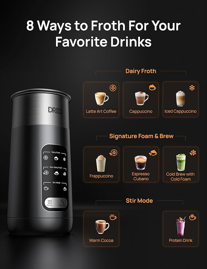 DREO Milk Frother, 8-in-1 Electric Stainless Steel Frother for Latte Art Microfoam and Coffee, 9oz/270ml Warm and Cold Foam Automatic Frothers, LED, Easy to Clean