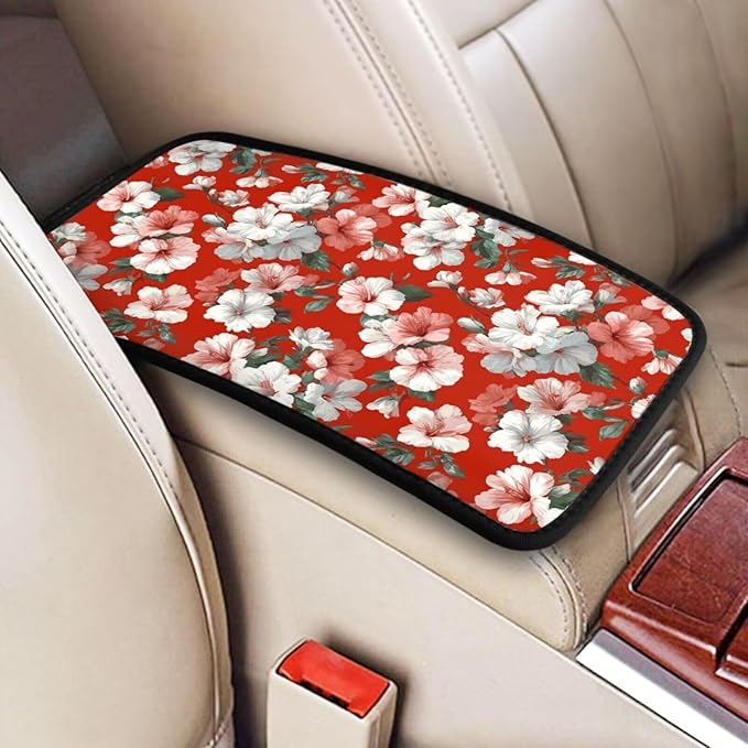 Red Hibiscus Car Center Console Cushion Pad Tropical Hawaii Armrest Seat Box Cover Protector Floral Cute Hawaiian Comfortable Cars Decor Accessories