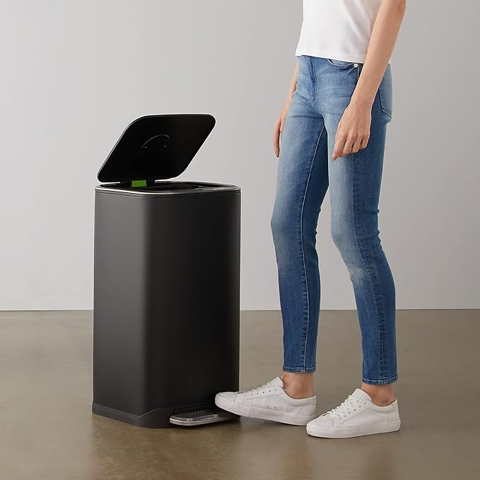 Amazon Basics Rectangular Metal Trash Can With Soft-Close Foot Pedal, Fingerprint Resistant, Removable Inner Bucket, 32 liter/8.5 gallon, Black, 14"L x 14"W x 25.3"H