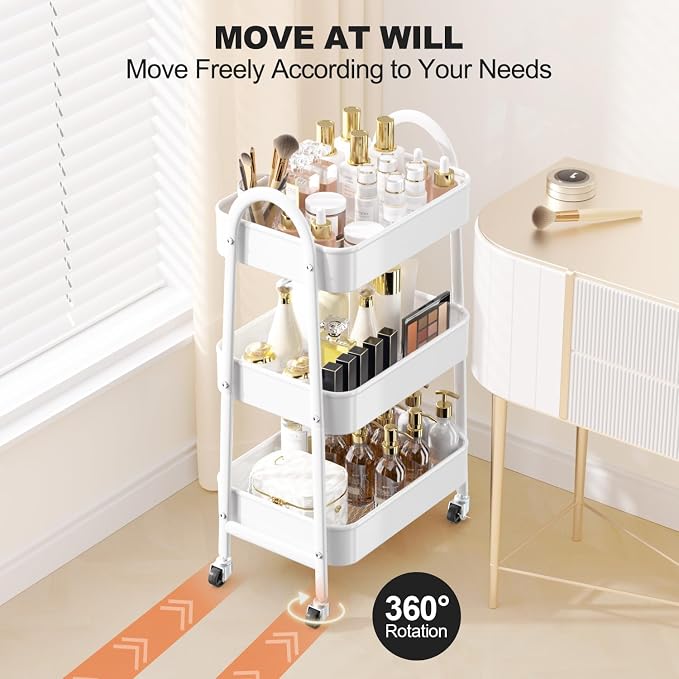 EAGMAK 3 Tier Rolling Cart Under Desk, Large Metal Storage Cart with Handle and Lockable Wheels, Big Multifunctional Storage Organizer Trolley for Kitchen, Living Room, Office, Garage (White)