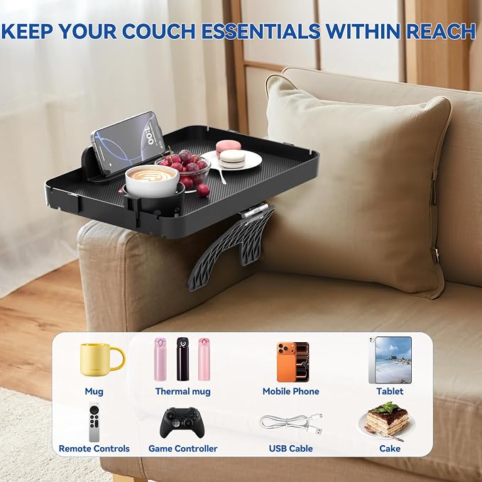 Couch Armrest Table Couch Arm Tray Cup Holder Plastic Armchair Caddy Recliner Arm Caddy Large Sofa Armrest Organizer Adjustable Clip on Snack Tray Drink Holder Removable Phone Pad Holder 16.38x11.02''