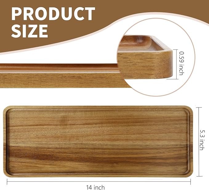 3 pcs 14"x5.3" Solid Acacia Wood Serving Trays Rectangular Wooden Serving Platters Natural Wooden Boards for Bar Coffee Party