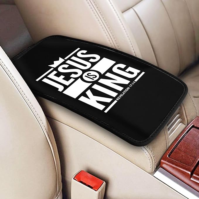 Jesus is King Christian Bible Scripture Quote Car Handrail Box Cushion Auto Center Console Cover Car Center Console Cushion Pad Waterproof Car Armrest Seat Box Cover Fit for Car Truck Rv SUV