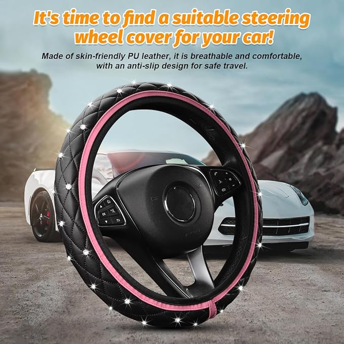 Bling Car Steering Wheel Cover, Rhinestones Elastic Leather Automotive Steering Wheel Protector, 15 Inch Sparkly Crystal Vehicle Interior Decor Accessories, Universal Fit (Pink)