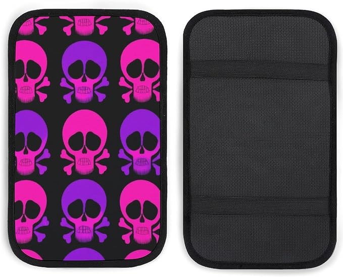 Auto Armrest Cover Pad Purple and Pink Crossbones Skull Non-Slip Center Console Cushion Pad Breathable Arm Rest Mat Box Protector Car Decorations Interior