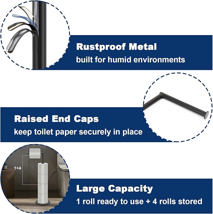 NearMoon Bath Toilet Paper Holder Stand- Modern Tissue Roll Holder Standing with Balanced Base, Rustproof Toilet Roll Holder for Bathroom/Kitchen Countertop (Matte Black, Metal Base)