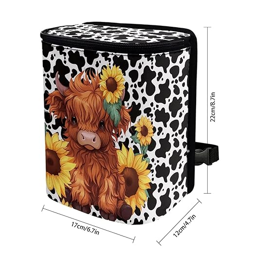 KEIAHUAN Highland Cow Sunflower Foldable Car Trash Bag Hook Hanging Car Garbage Can Holder Leakproof Storage Organizer for Camping Car Interior Accessories