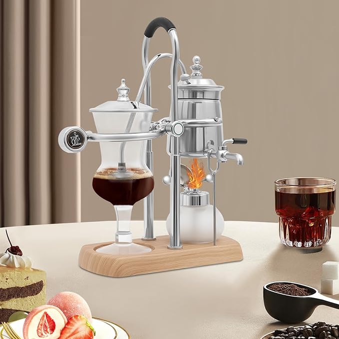 Belgium Royal Family Balance Siphon Coffee Maker, Gravity Vintage Coffee Makers, Vacuum Brewing System 400ml/13.53oz, for Kitchens, Coffee-Shops, and Beverage Stores, Silver