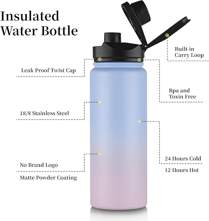 24 oz Insulated Water Bottle with Straw Lid & Wide Mouth Lids, Stainless Steel Sports Water Bottles, Double Walled Vacuum, Leak Proof, Pink Blue Gradient